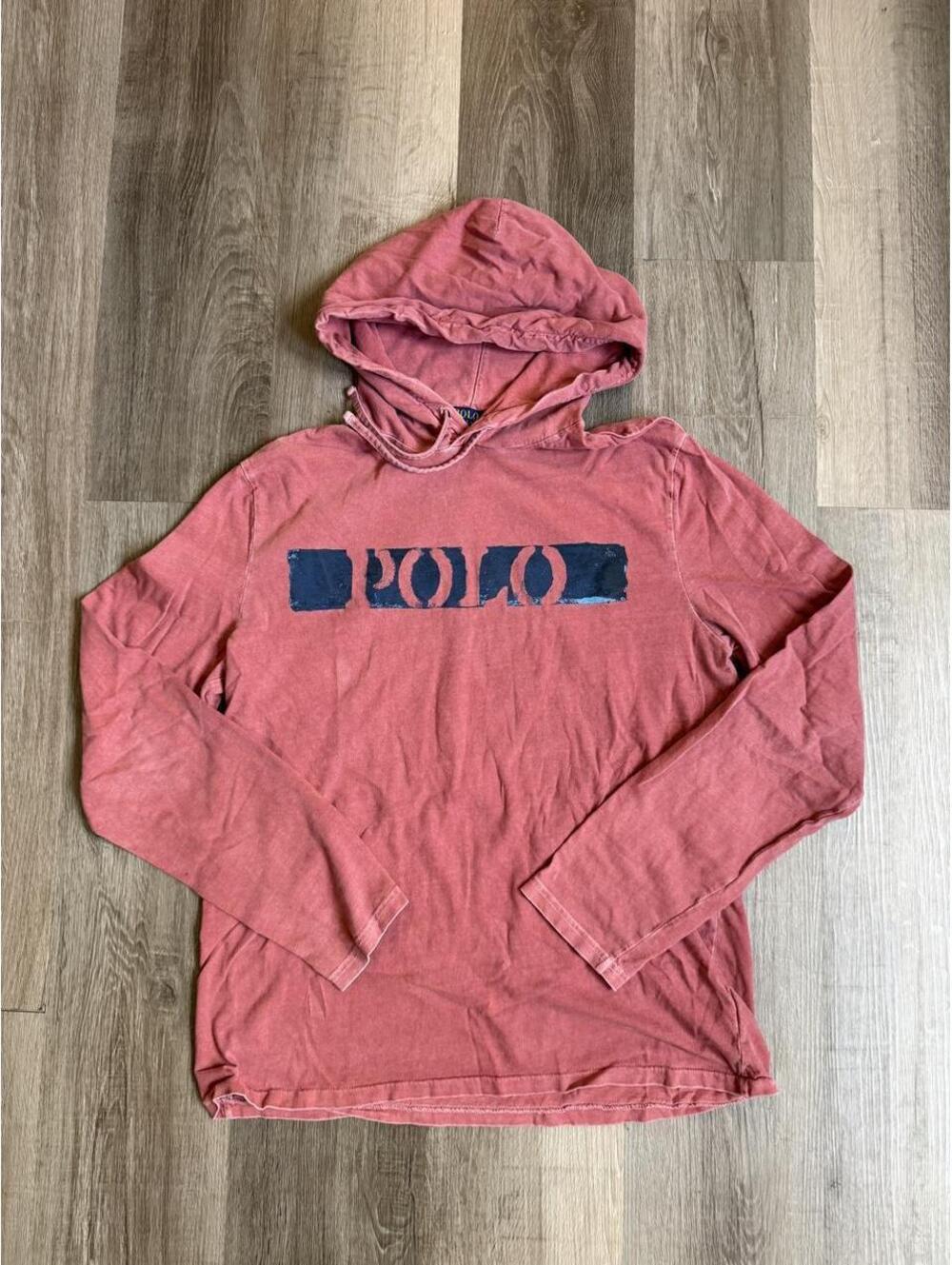 Polo Ralph Lauren red lightweight hoodie with blue 'POLO' logo sz L